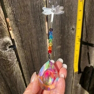 Gorgeous Huge Concave Teardrop Dragonfly Rainbow K9 Crystals Suncatcher NWT